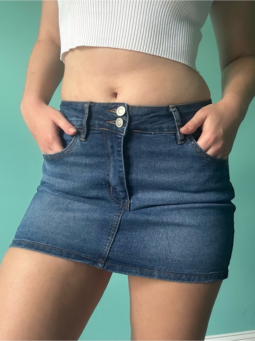 Women's Dark Blue Denim Mini Skirt - Double Button Front